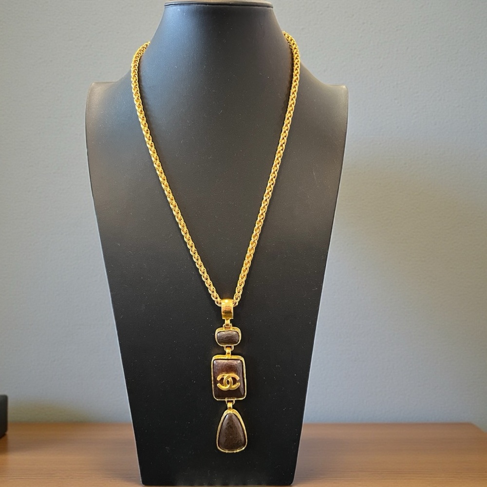 CHANEL 24 Gold Plated Necklace with Brown Stone Accents - Picture 5 of 13